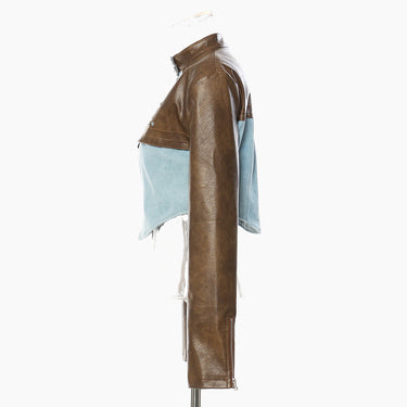 Autumn Winter Vintage Leather Color Contrast Patchwork Short Chic Coat Top Leather Jacket
